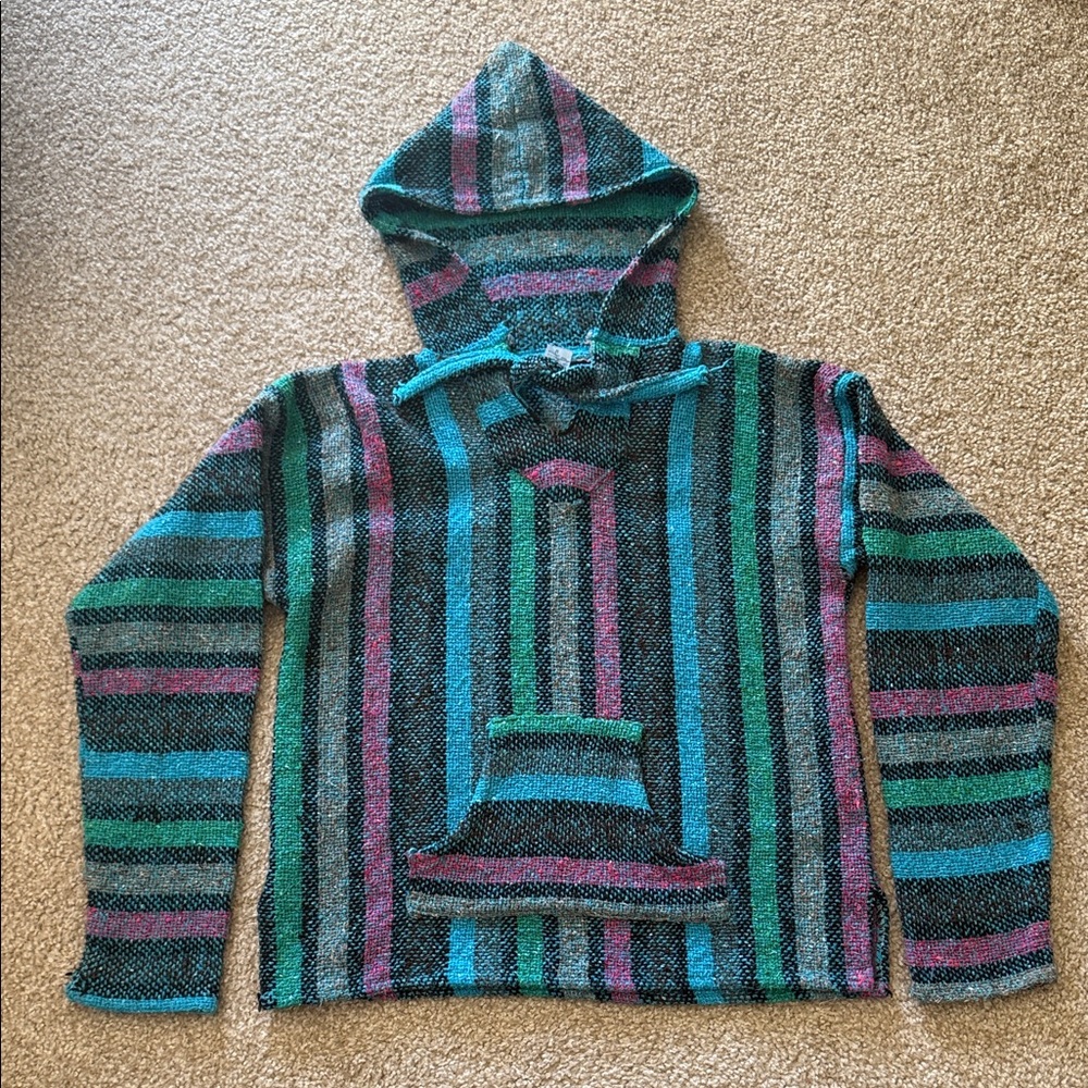 Size Medium Traditional Hippie Poncho / Striped Hooded Sweater
